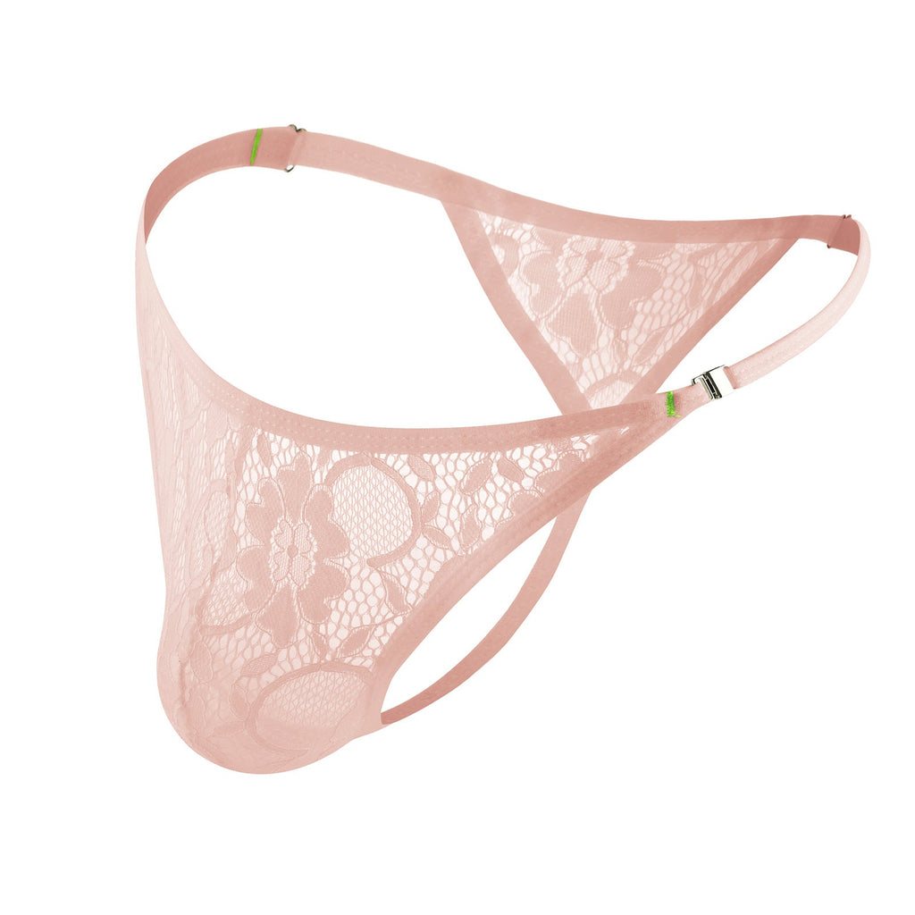 Tanga de encaje transparente sexy con botones laterales para hombre