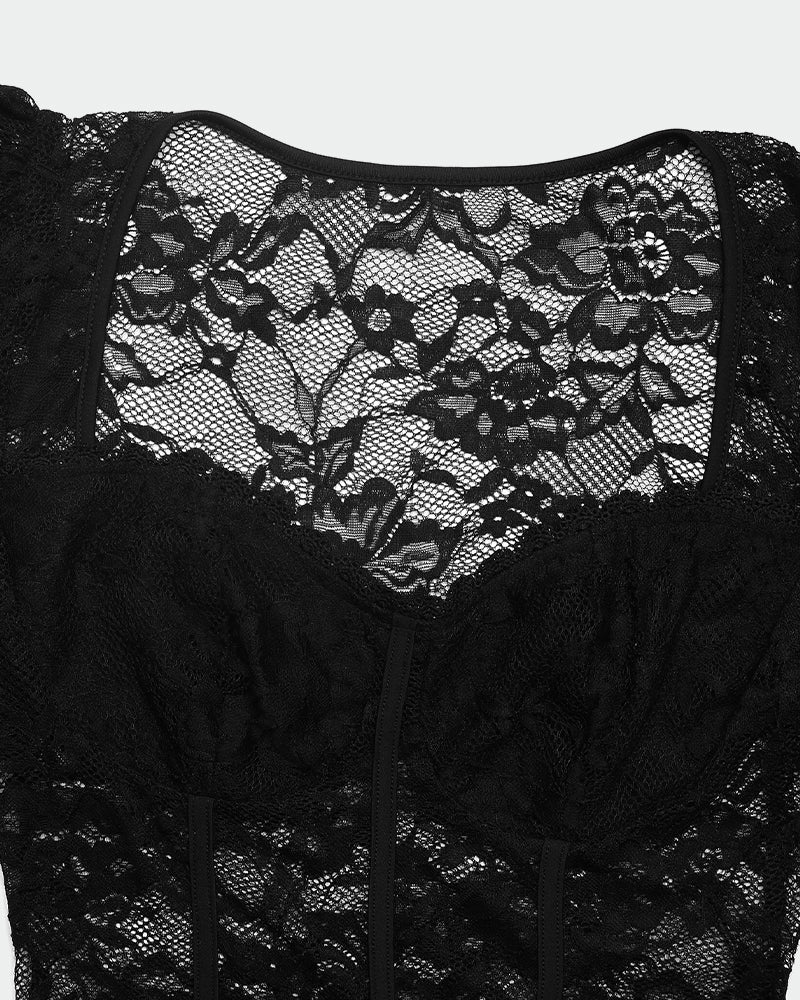 Body de encaje transparente de manga larga