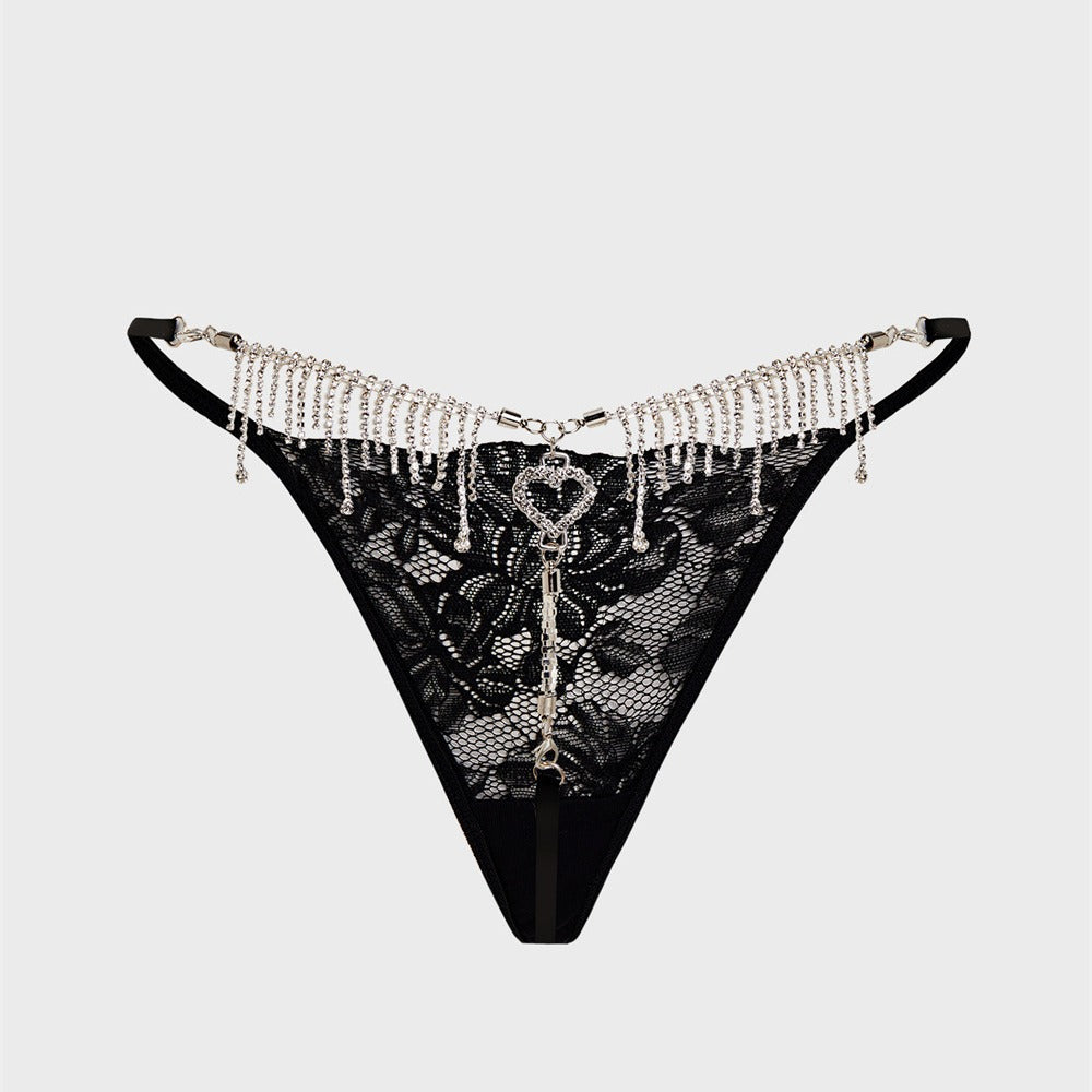 Tantalizing Lace G String Thongs with Metal Rhinestones Fringe Heart Design
