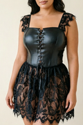 Gothic Lace Mini Dress with Square Neck Leather Lace Up Corset Dress