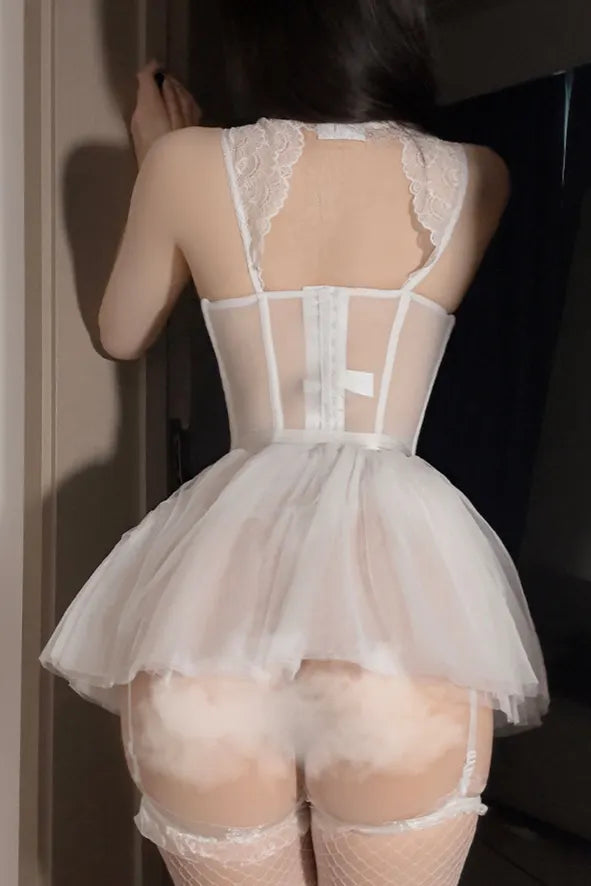 Corsé de encaje color marfil con enagua de tul Chemise nupcial de tocador