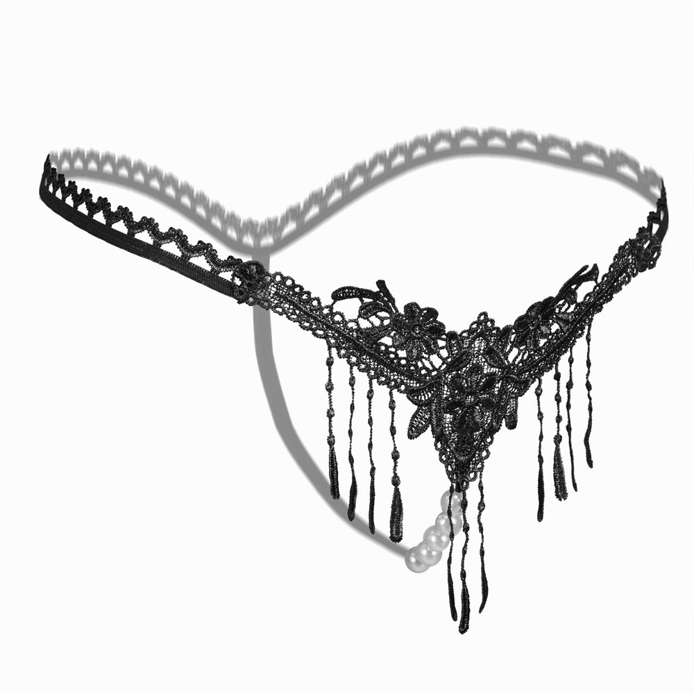 Sexy Embroidered Tassel Pearl Open Crotch Thong