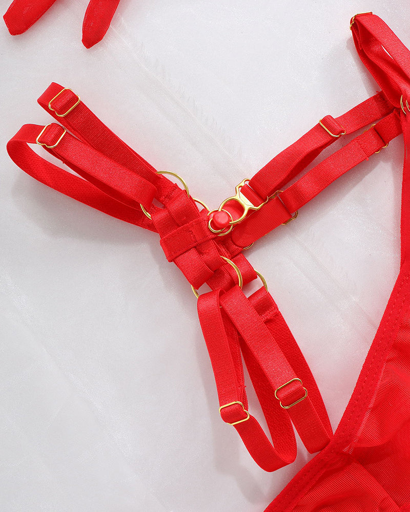 Conjunto de Lencería de 5 Piezas de Malla con Cadena de Corazones