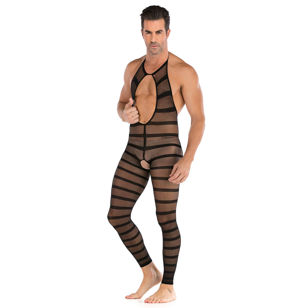 Men's Striped Halter Neck Open Crotch See-Through Bodysuit