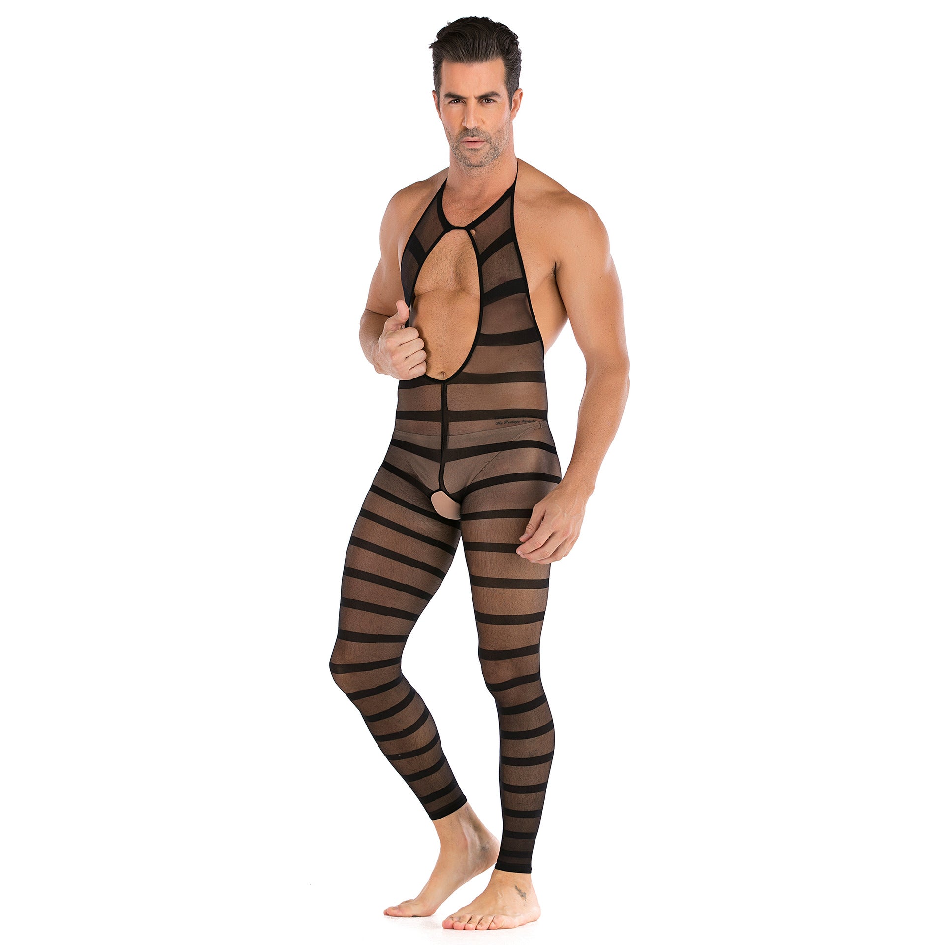Men's Striped Halter Neck Open Crotch See-Through Bodysuit