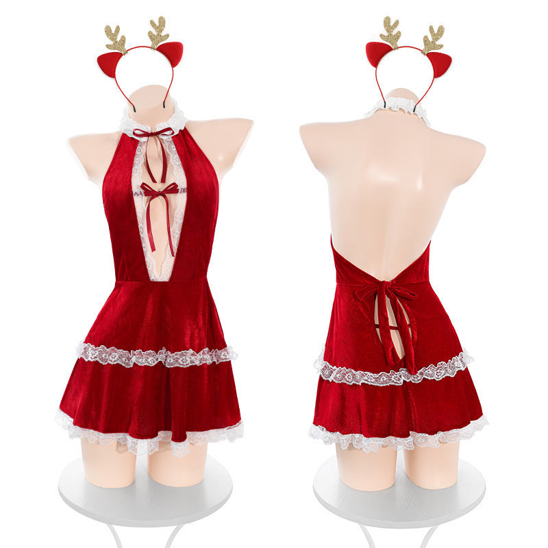 Conjunto de lencería de vestido con cuello halter y escote en V profundo "Christmas Sweetheart"