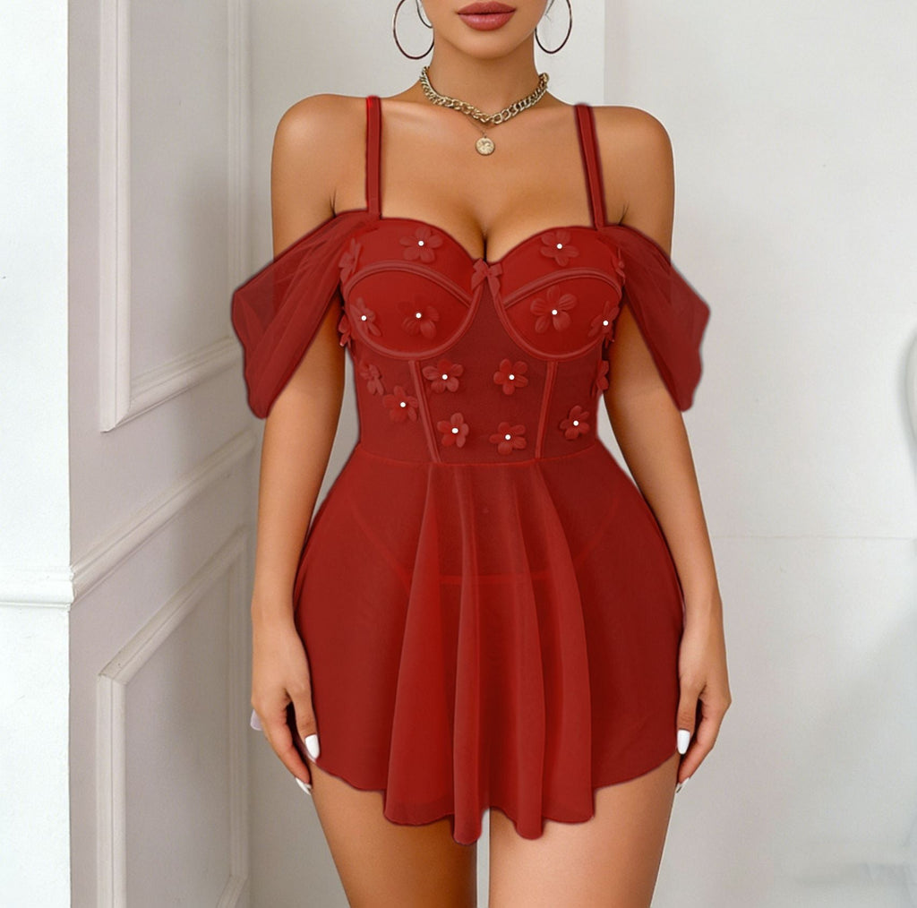 Embroidered Mesh Sleeve Sexy Sling Dress