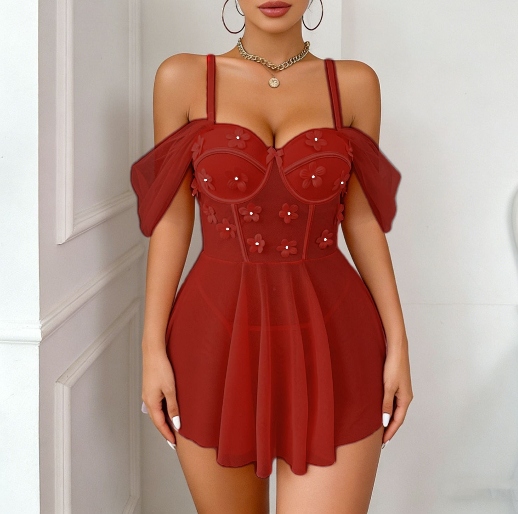 Embroidered Mesh Sleeve Sexy Sling Dress