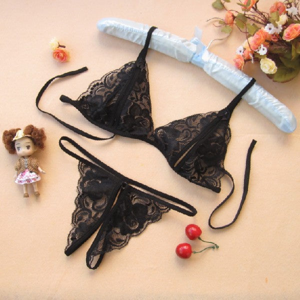 Conjunto de lencería sexy de tres piezas para mujer, de encaje transparente y entrepierna abierta, seductora