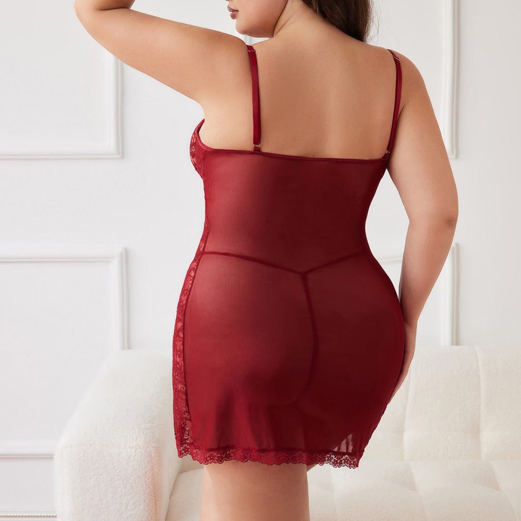 Conjunto de lencería de dos piezas de talla grande, sexy, de encaje transparente con liguero y abertura.