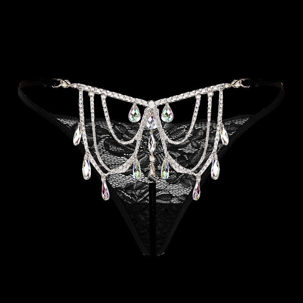 Sexy Women's Thong Lace Water Drop Gem Embellished Breathable
