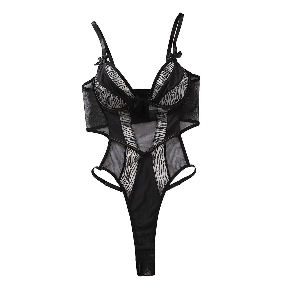 Mesh Patchwork Sexy Bodysuit Zebra Print Body Shaping Hollow-out Erotic Bodysuit