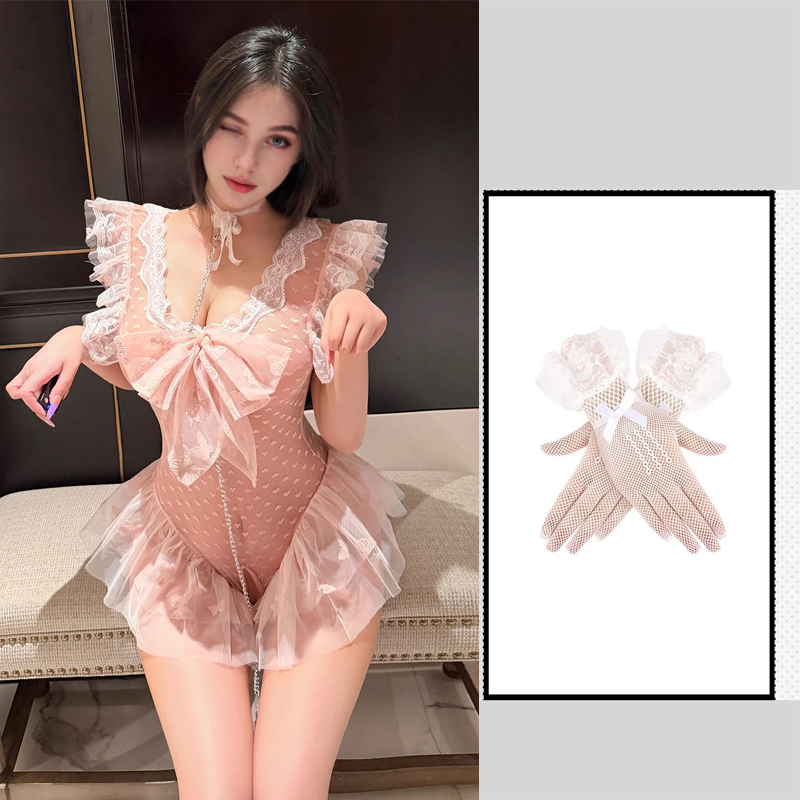 Conjunto de lencería sexy con ligas, transparente y con abertura en la entrepierna