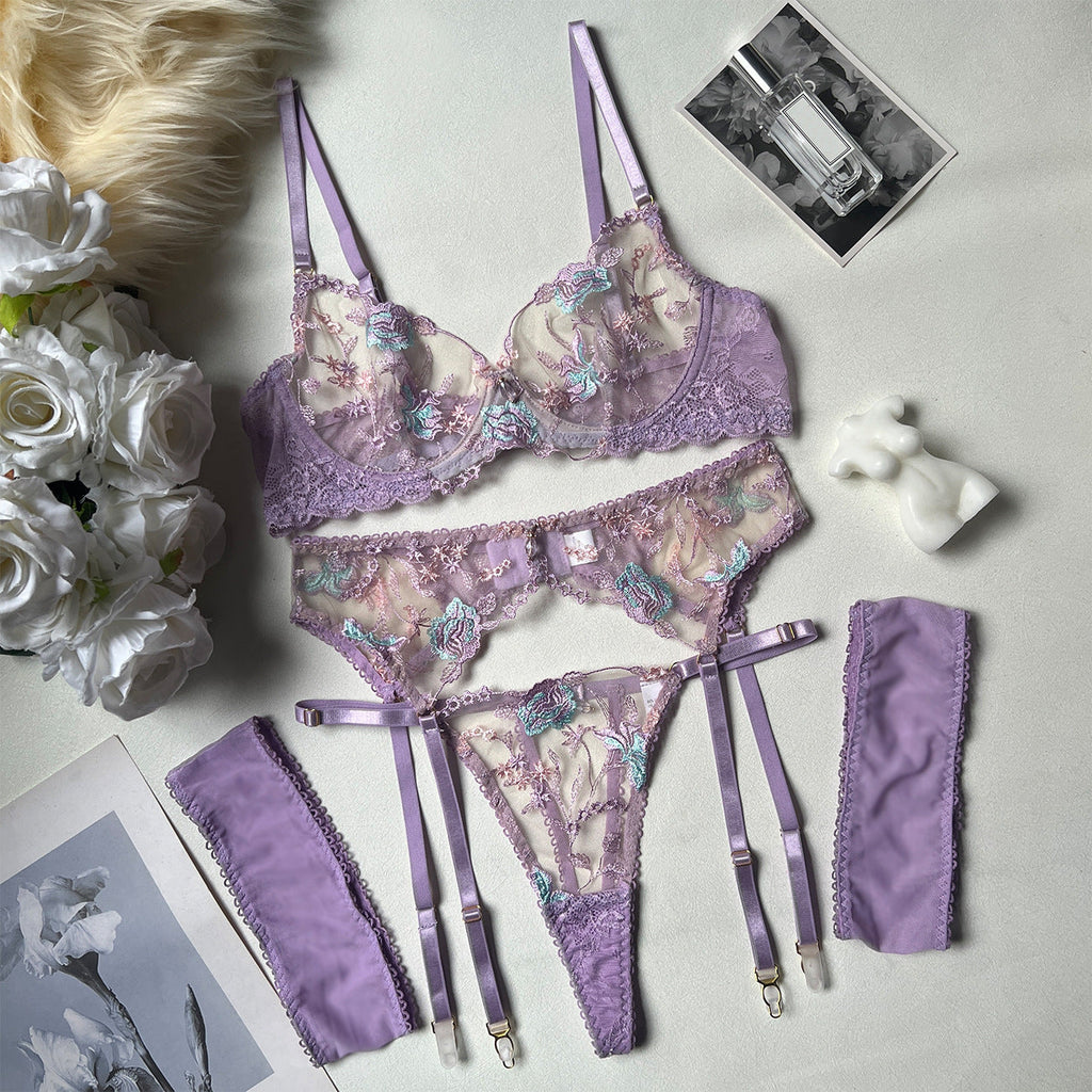 Sensacional kit de lencería de 4 piezas con aros, bordado floral, hermoso tanga con liguero