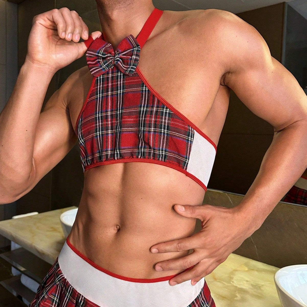 Pleated Skirt Red Plaid Bow Cos Men's Sexy Lingerie