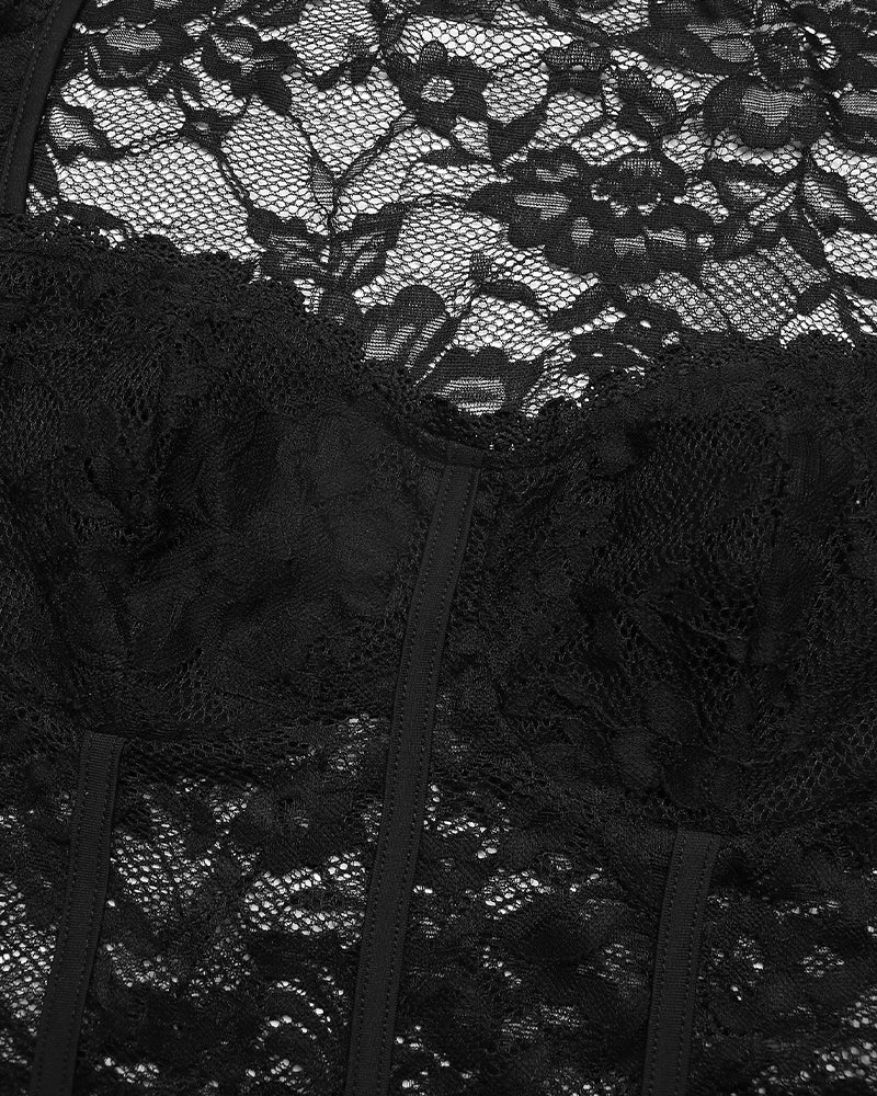 Body de encaje transparente de manga larga