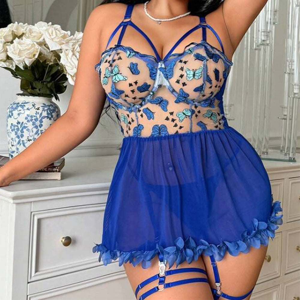 Vestido Transparente de Talla Grande con Encaje Bordado de Mariposas