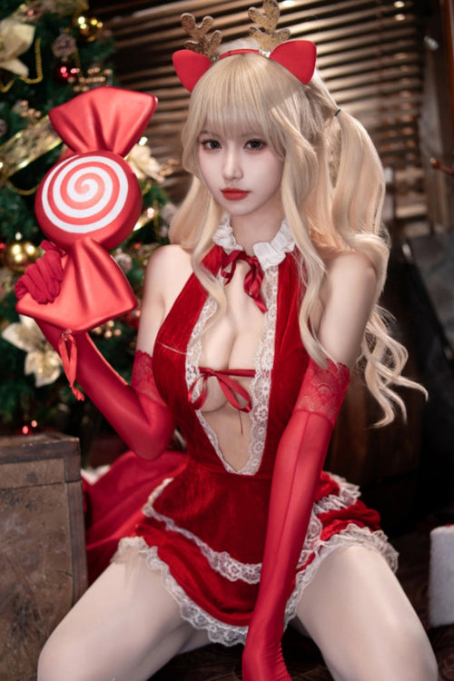 Conjunto de lencería de vestido con cuello halter y escote en V profundo "Christmas Sweetheart"