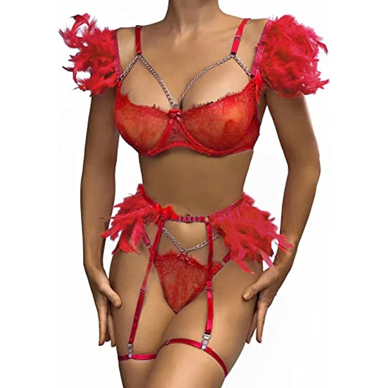 Traje de lencería sexy ultrafino de encaje con plumas de ángel para una noche apasionada
