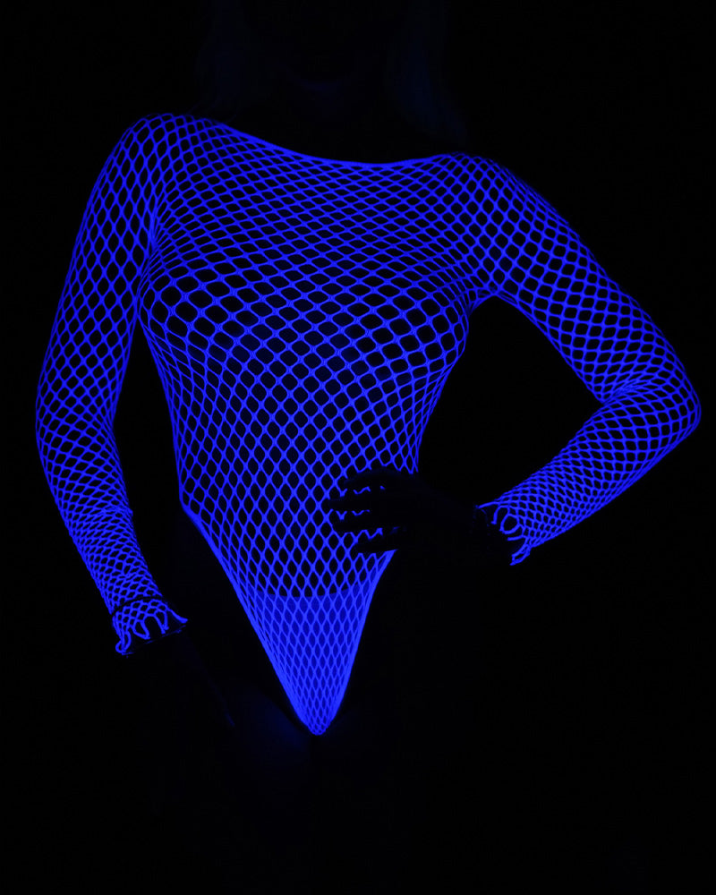 Bodysuits luminosos azules de manga larga de rejilla
