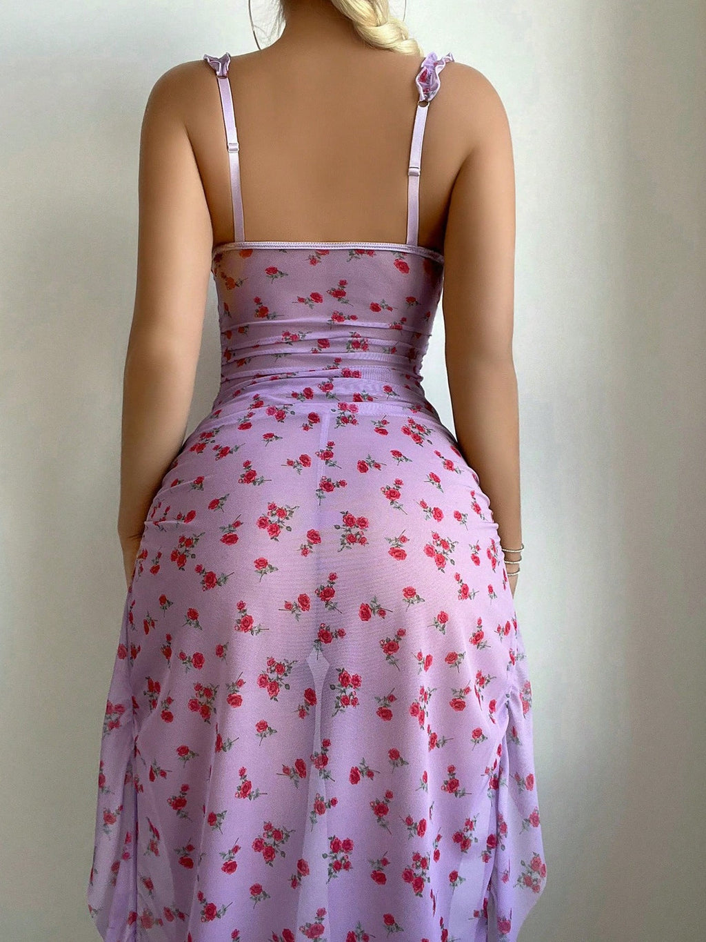 Camisón sexy halter de malla transparente con estampado floral