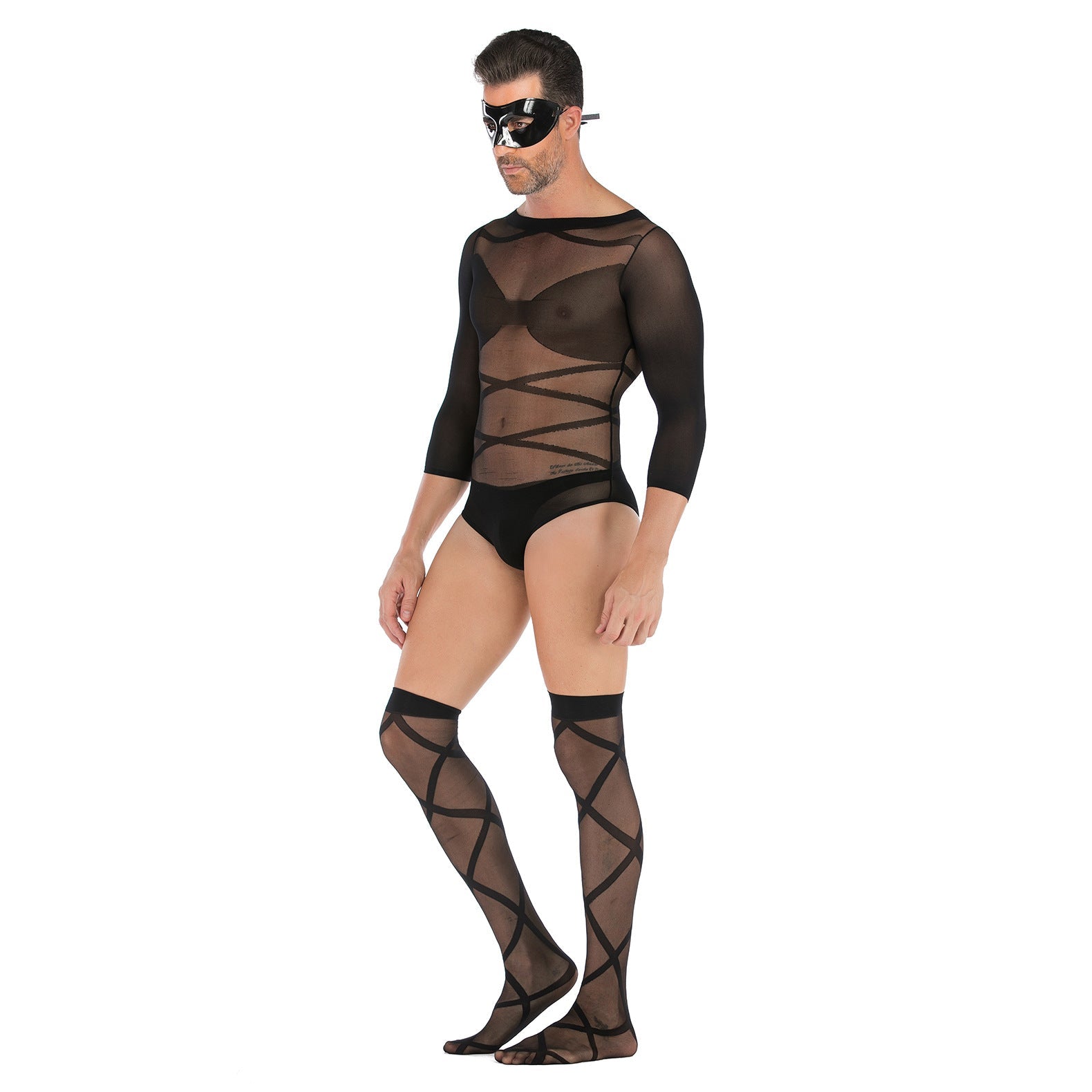 Men's Long-sleeved See-through Fishnet Suit With Cross-striped Stockings And Mask Set
