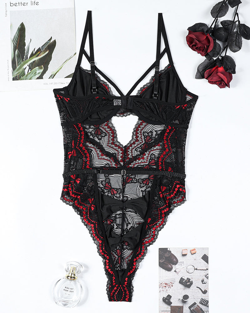 Embroidery Bow Cutout Lace Bodysuit