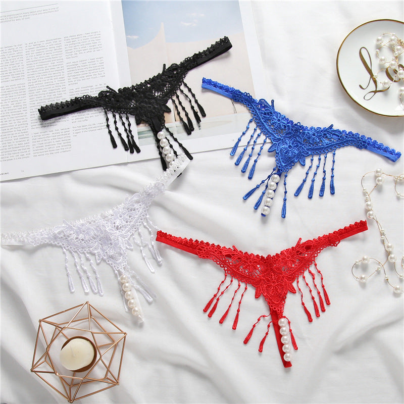 Sexy Embroidered Tassel Pearl Open Crotch Thong