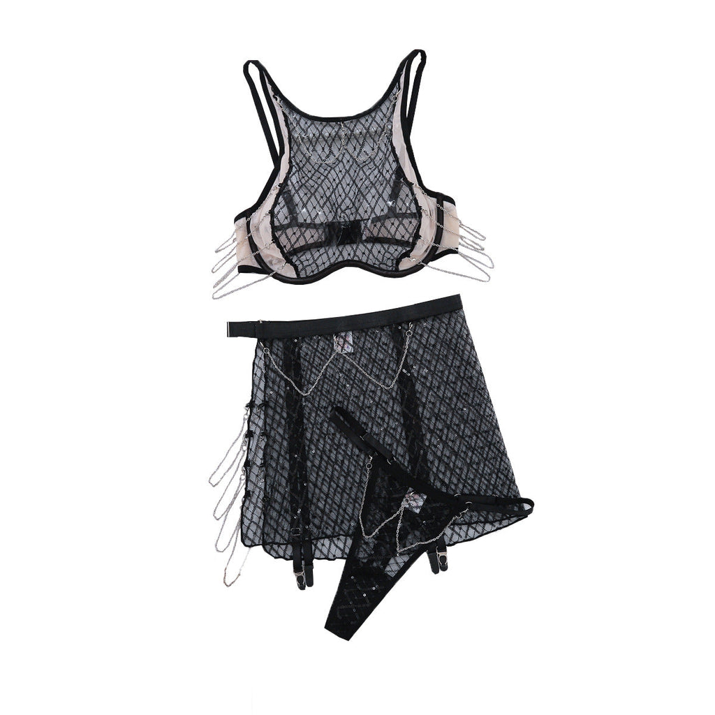 Conjunto de lencería de tres piezas de rejilla seductora y calada