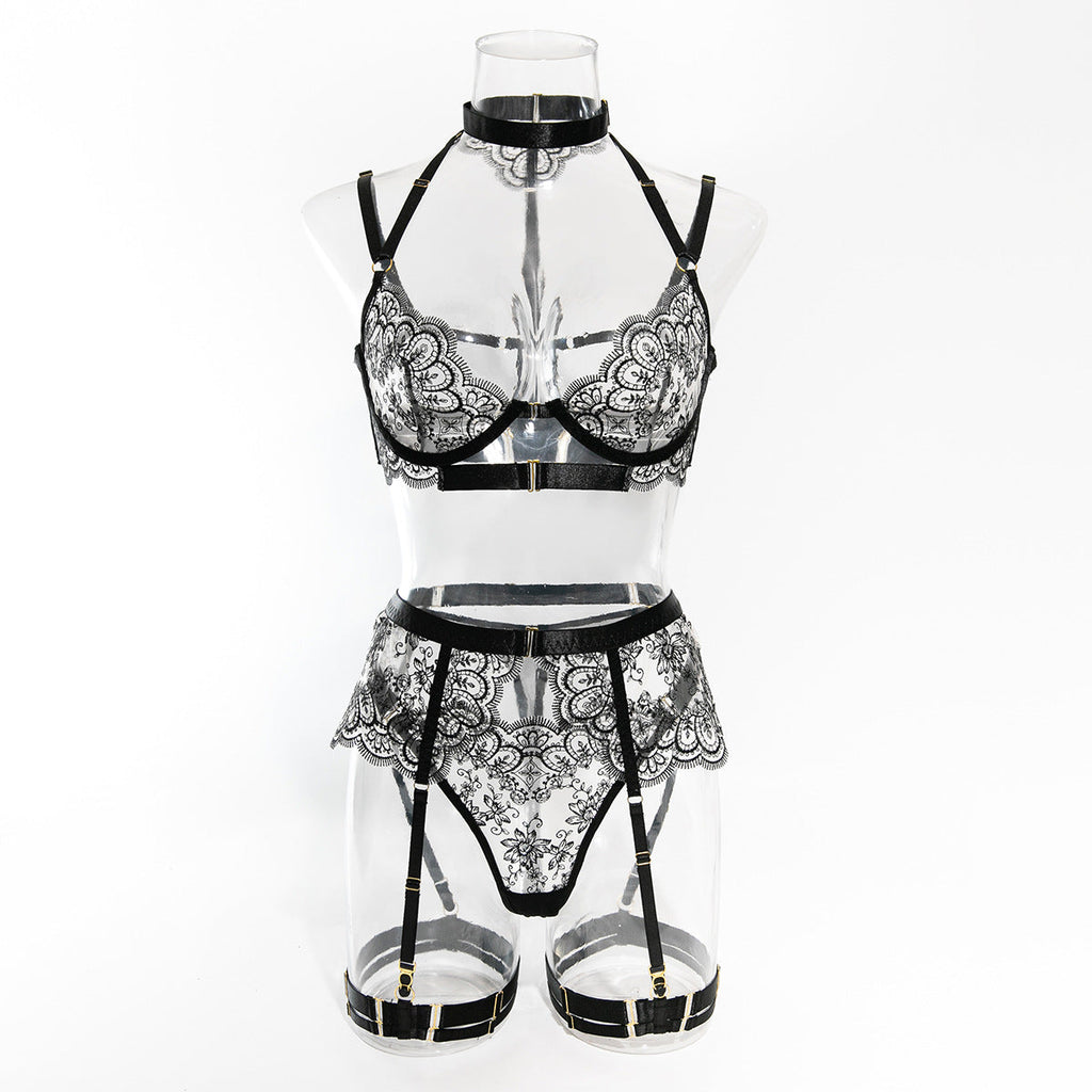 Conjunto de Lencería Sexy de 5 Piezas con Encaje Floral Negro y Liguero con Broches para Medias