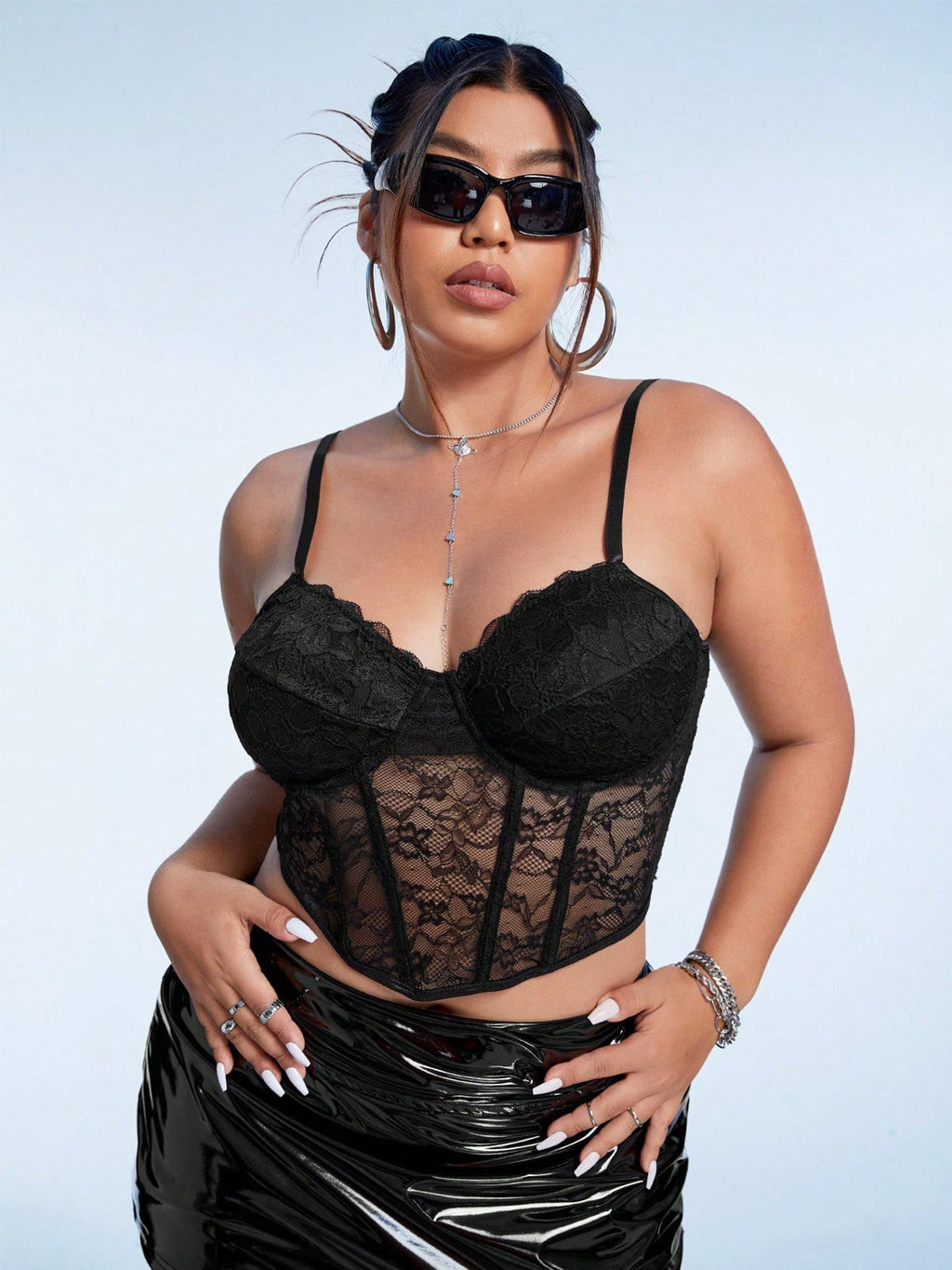 Camisola para mujer talla grande con tubo y encaje transparente