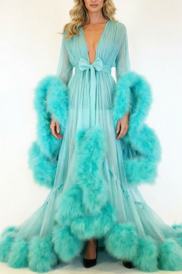 Sexy Feather Bell Sleeve Trailing Dress