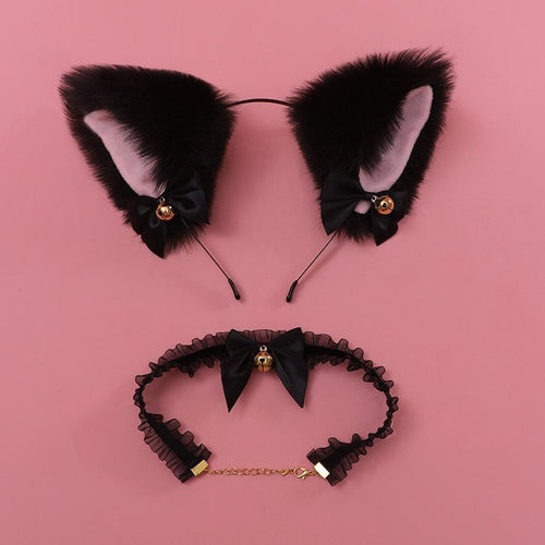 Conjunto de diadema de orejas de gato y gargantilla con cascabel