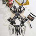 Conjunto de lencería sexy de tres piezas: body de malla con aros, sin espalda y liguero extraíble