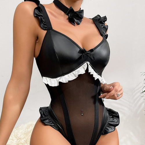 Bowknot Leather Mesh Sheer Bodysuit