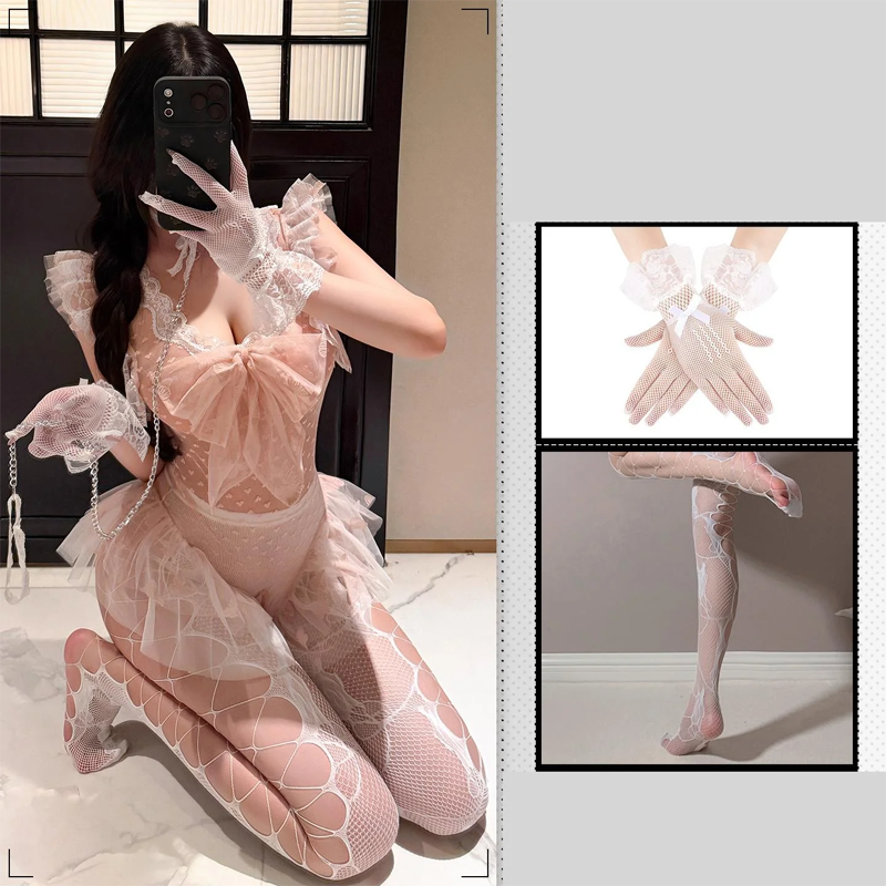 Conjunto de lencería sexy con ligas, transparente y con abertura en la entrepierna