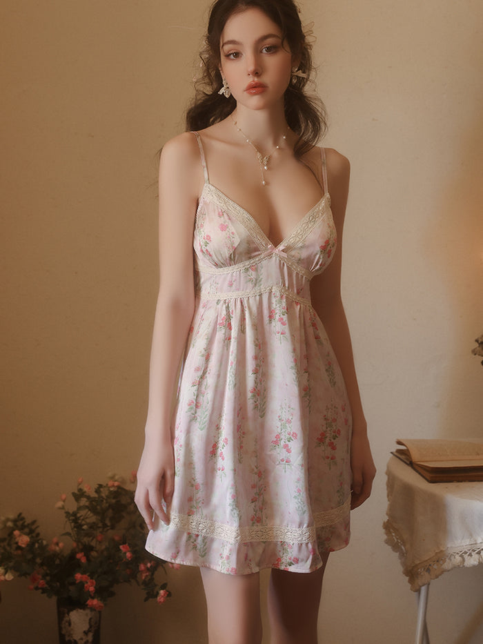 Floral Lace Deep V Trim Satin Dress