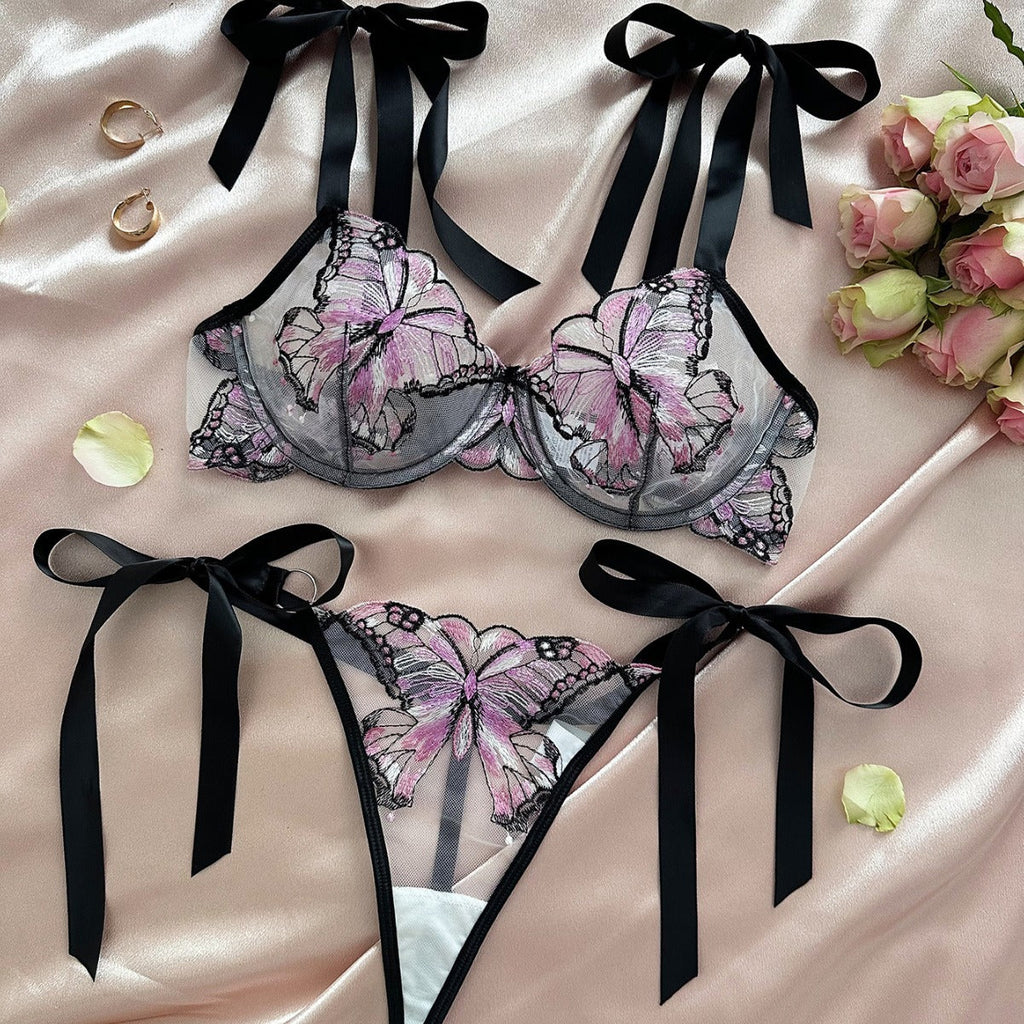 Butterfly Mesh Embroidery See-through Sexy Lingerie Set
