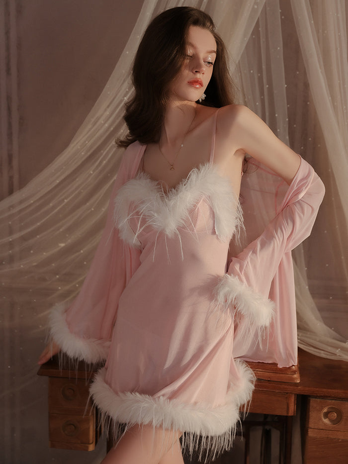 Swan Elegance Feather-Trimmed Slip Dress Set