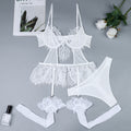 Medias de encaje blanco con malla, caladas, costuras, lindos tirantes, conjunto de tres piezas