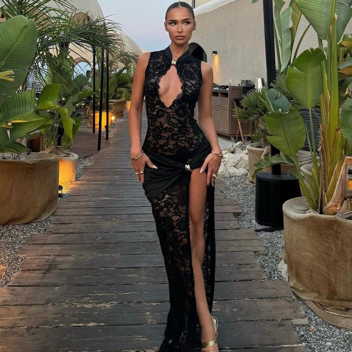 Elegant Black Floral Lace Gown with High Side Slit & Twisted Detail