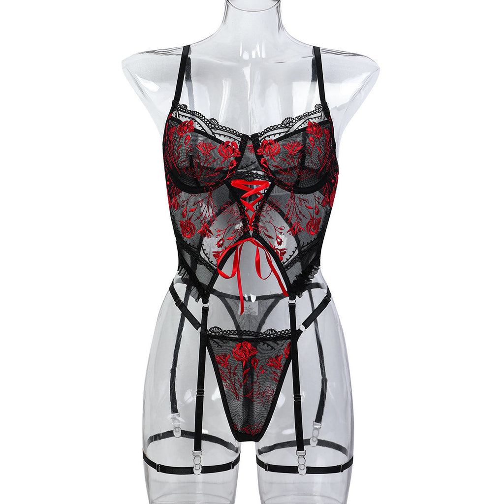 Flower Embroidery Cross Strap Underwear Three-Piece Set