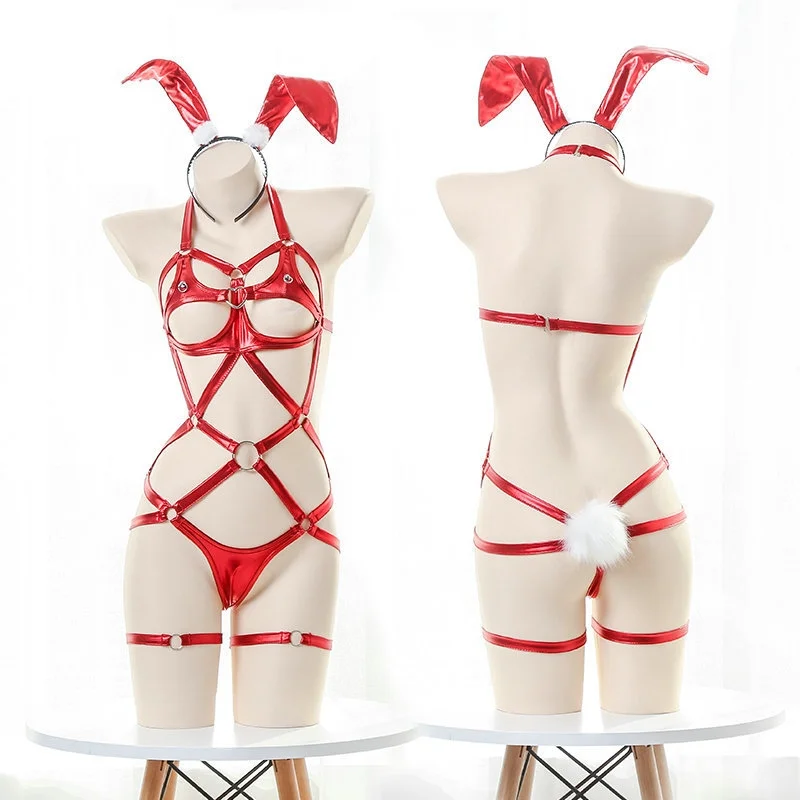 【Diadema de orejas de conejo gratis】Lencería sexy de cuero de tres piezas de SM Bunny Girl