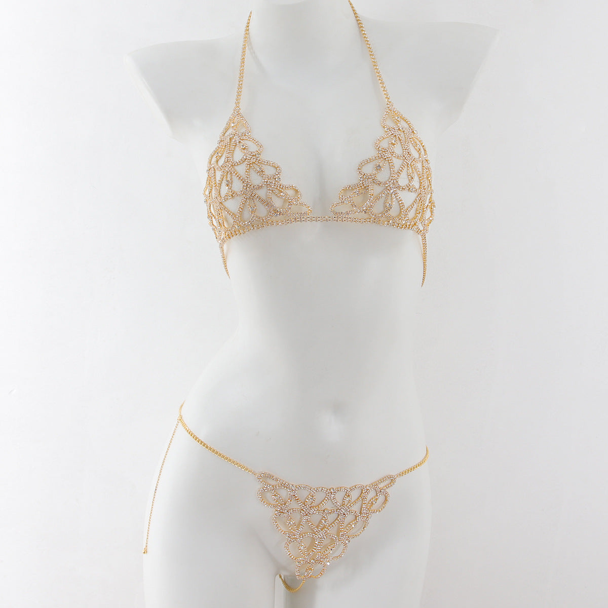 Water diamond Diamond studded Heart shaped Decorations Nightclub sexy Body Chain Bra Set