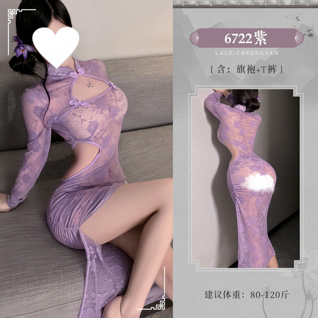 Traje Cheongsam transparente de encaje