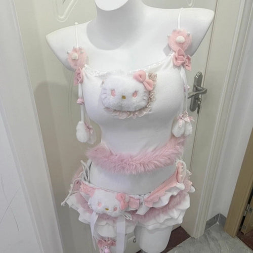 Conjunto de lencería sexy de jeans con tirantes y gatitos tiernos