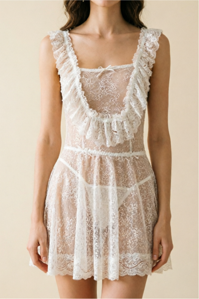 Muñeca babydoll de encaje transparente estilo francés con espalda descubierta