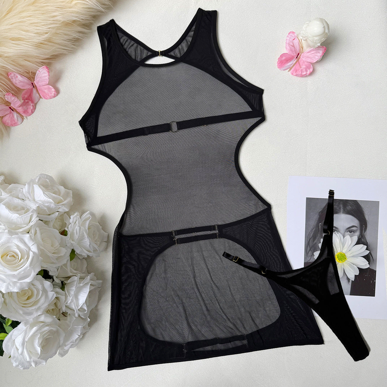Conjunto de sujetador de aro de malla bordado con flores clásicas