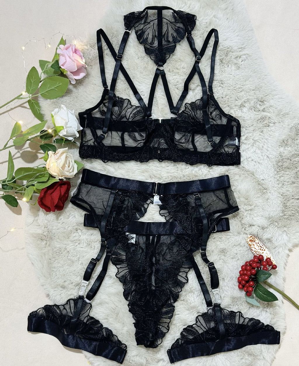 Conjunto de lencería de 4 piezas sexy negro bordado floral con aros de malla transparente