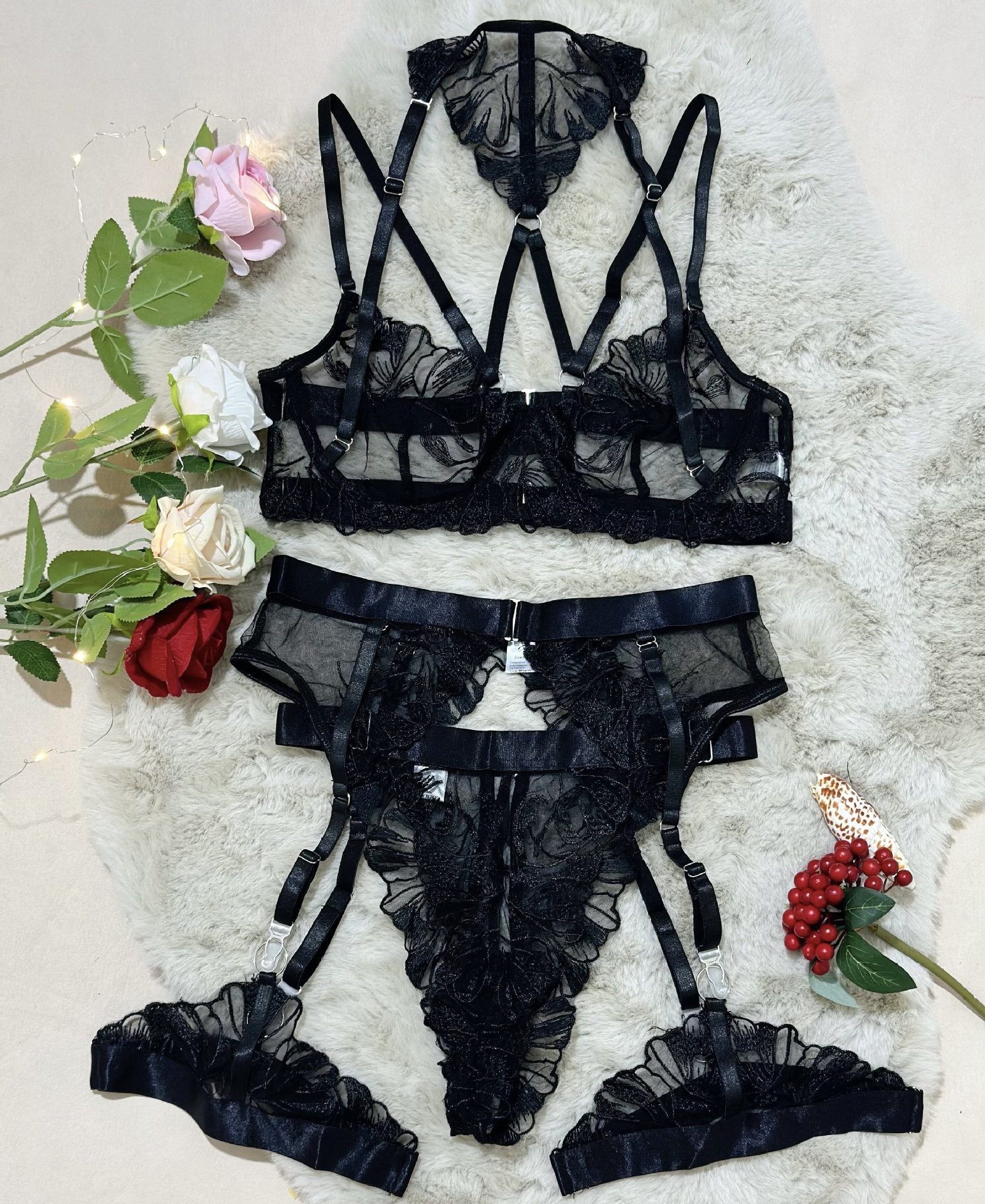 Conjunto de lencería de 4 piezas sexy negro bordado floral con aros de malla transparente